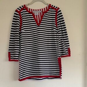 Gretchen Scott Designs Black and White Nautical Striped Blouse with Red Accents